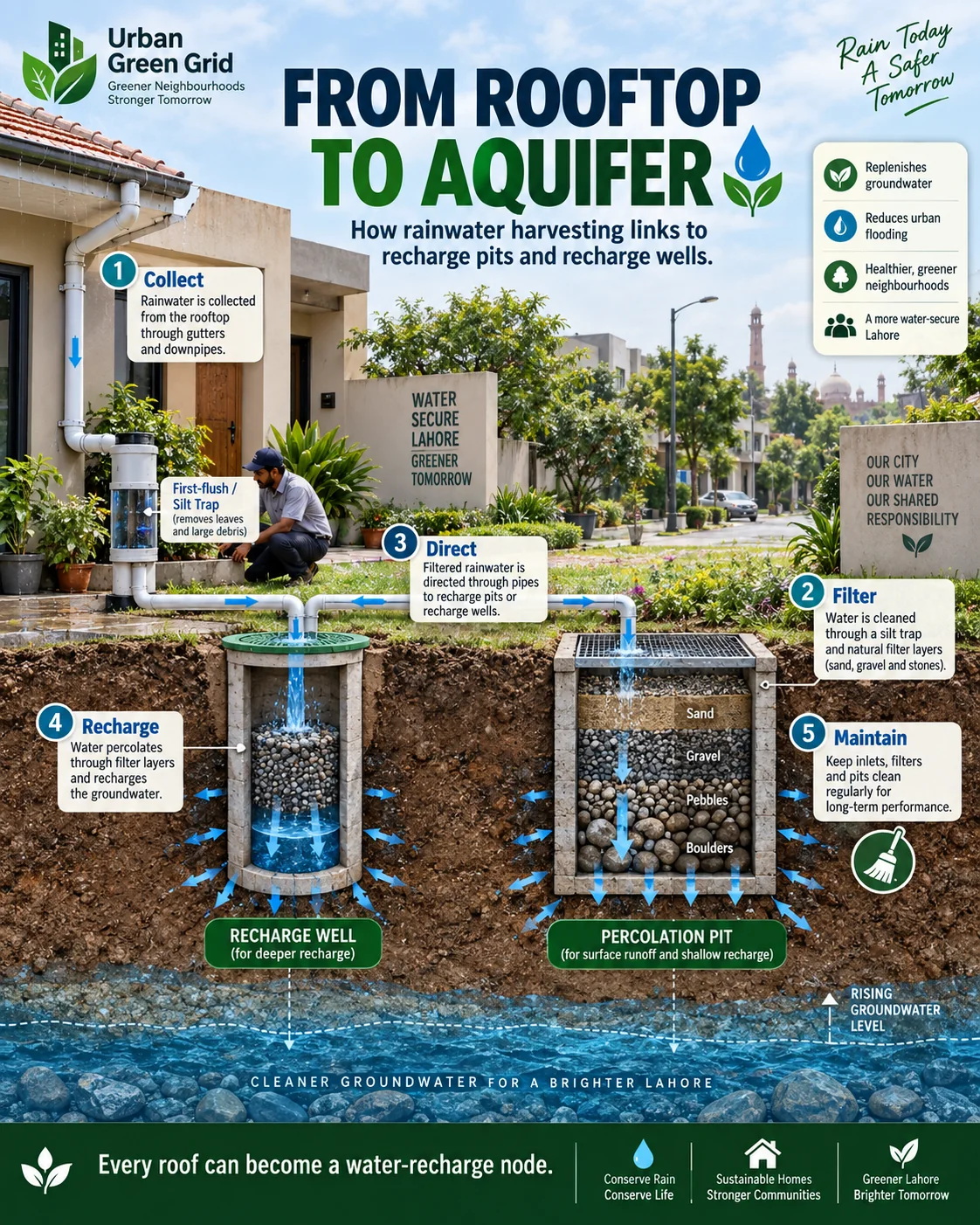 Concept explainer from rooftop rainwater to aquifer